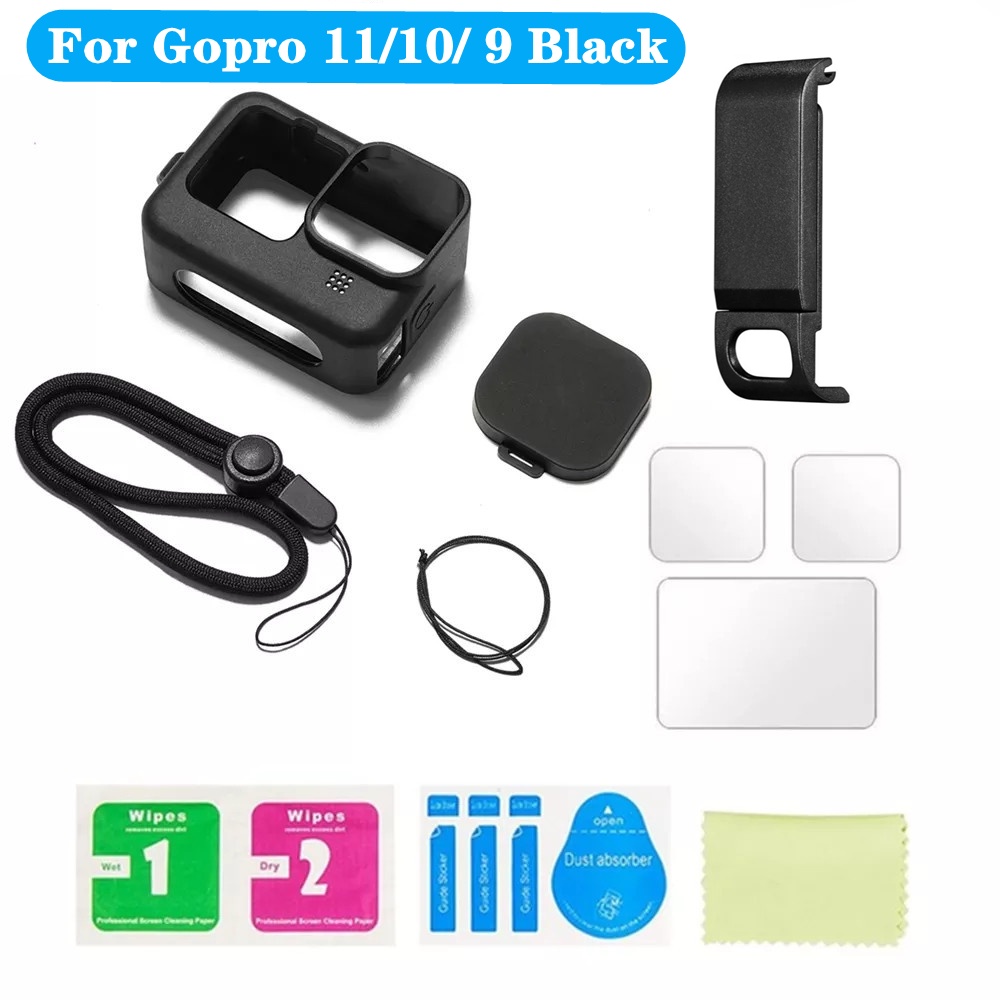 Capa De Silicone Para GoPro Hero 11 10 Protetor De Tela De Vidro Preto Temperado Filme Lente Go Pro 12 Acessórios
