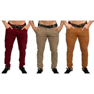 Kit 3 calças Tradicionais Slim Fit Bordô Cáqui e Caramelo em Sarja Lançamento