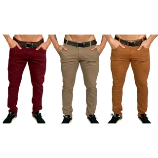 Kit 3 calças Tradicionais Slim Fit Bordô Cáqui e Caramelo em Sarja Lançamento