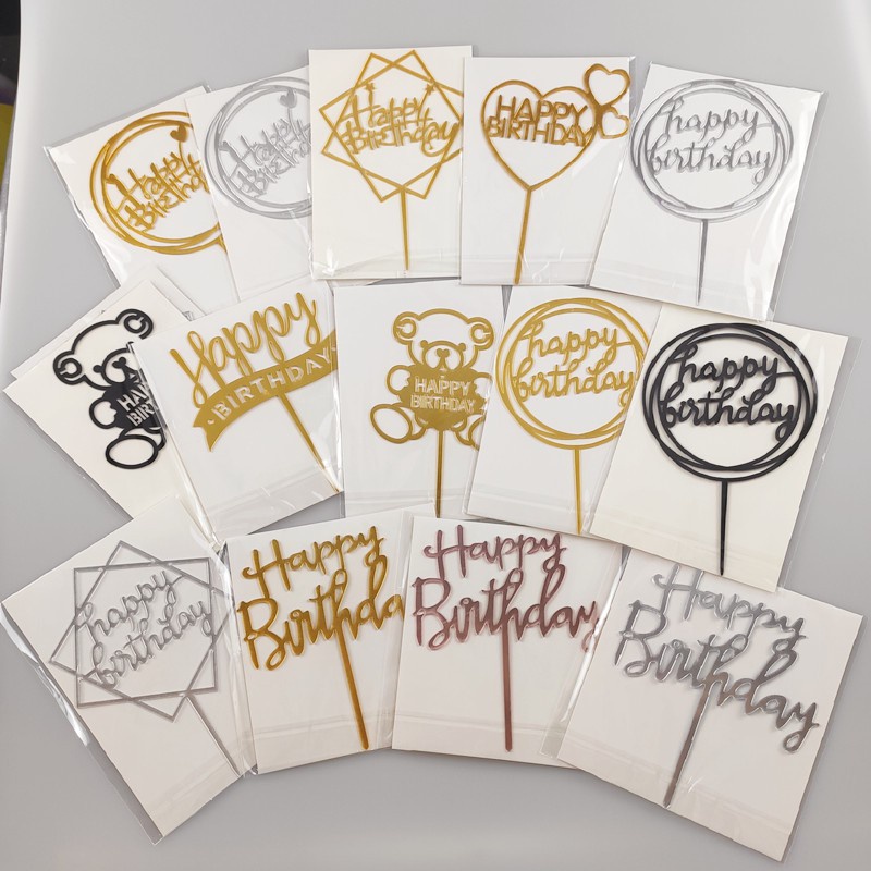 Promocional Happy Birthday Cake Topper Ouro Acrílico Espelho Do Queque Para Crianças Decorações Bolo Da Festa De Aniversário Chuveiro De Bebê