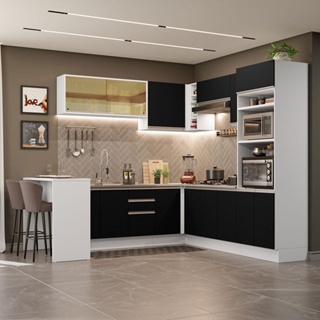Cozinha Completa de Canto Madesa Glamy 504001 com Armário e Bancada (S/ Tampo e Pia) - Branco/Preto
