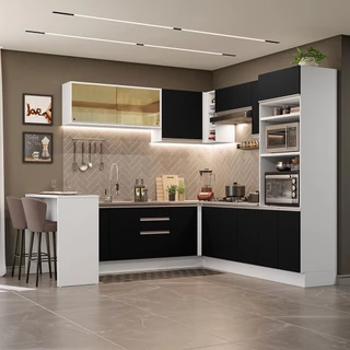 Cozinha Completa de Canto Madesa Glamy 504001  com Armário e Bancada (S/ Tampo e Pia) - Branco/Preto em Oferta na Shopee