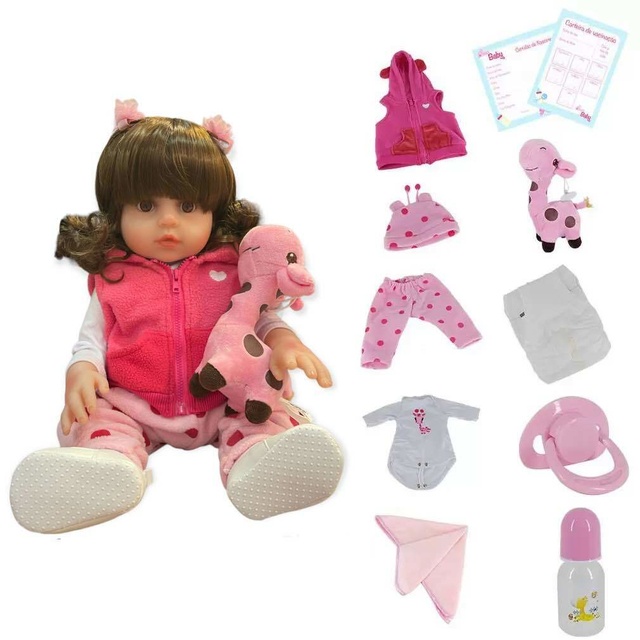 Boneca Reborn Bebê Laura C/ Acessórios Pijama Girafinha 47Cm