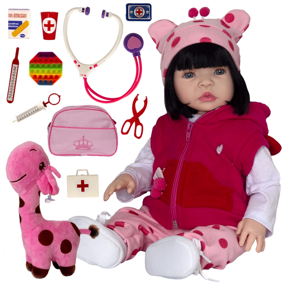 Boneca Bebê Reborn Realista Roupa de Girafinha 100% Silicone - USA