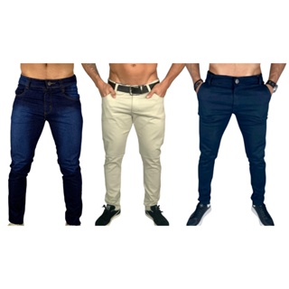 Kit c/3 Calças Jeans Masculina Elastano Slim Skinny Casual Sport