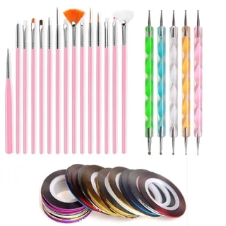 Kit Unhas 15 Pincéis + 10 Boleadores + 12 Fitas Metalizadas Nail Art Decoração