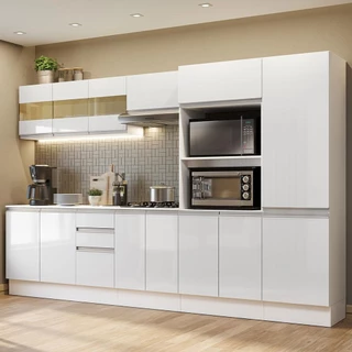 Armário de Cozinha Completa 100% MDF 300cm Frentes Branco Brilho Smart Madesa 02