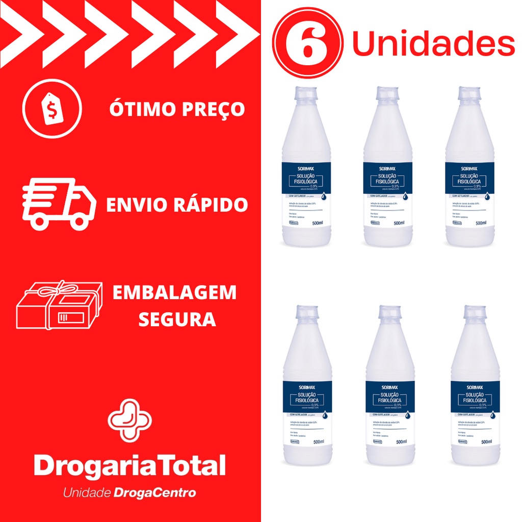 Kit Com 6 unidades de Soro Fisiológico 0,9% Farmax, ADV ou Arboreto 500Ml Cloreto de Sódio Sorimax Com Gotejador