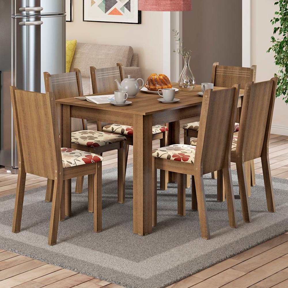 Conjunto Sala de Jantar Madesa Maris Mesa Tampo de Madeira com 6 Cadeiras - Rustic/Hibiscos