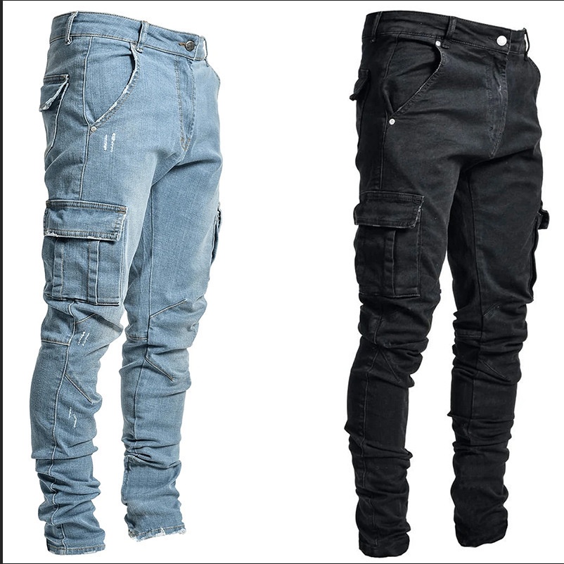 Calças jeans masculinas elegantes com padrão geométrico e bolsos