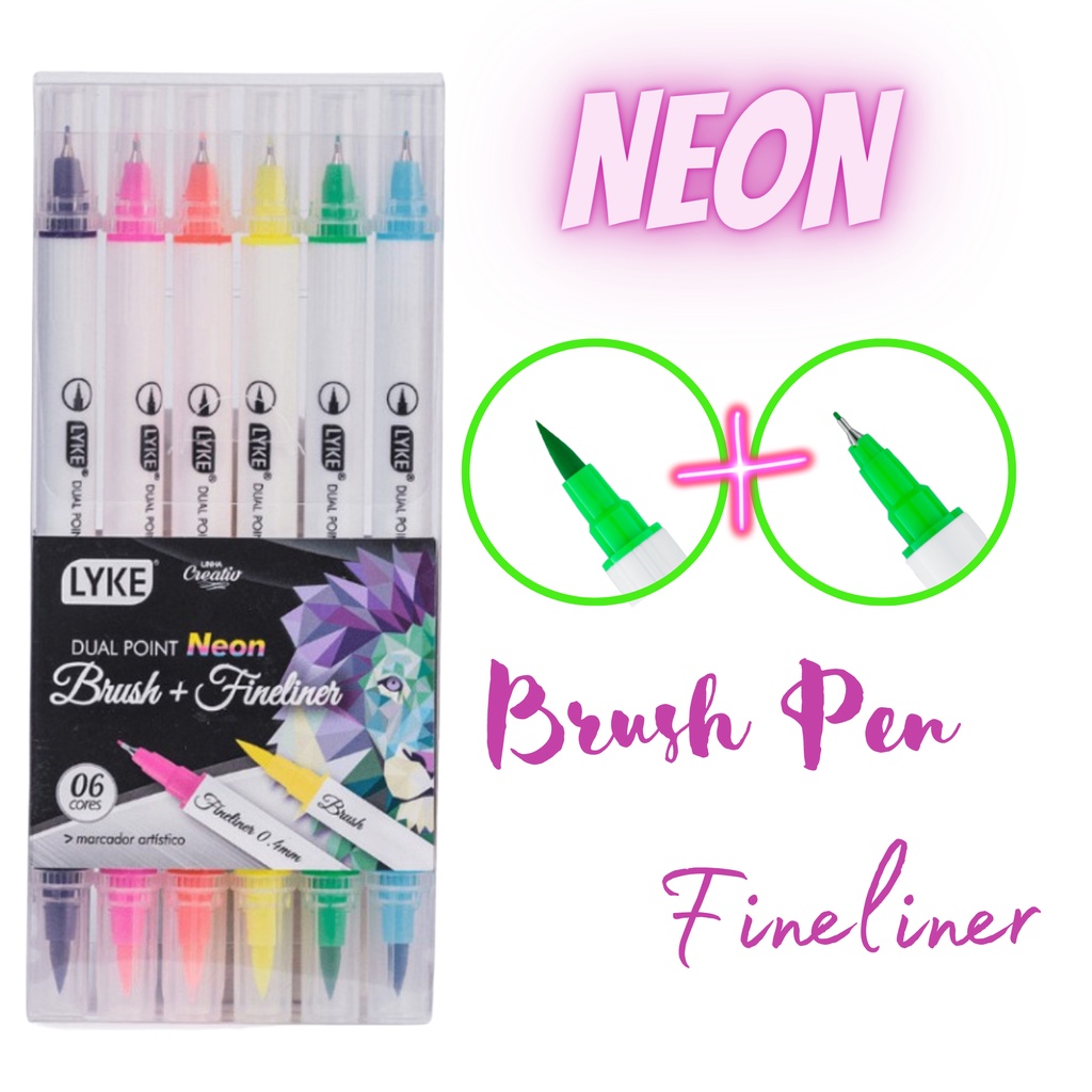 kit 6 Canetas Brush Pen Mais Fineliner Dual Point cores Neon LYKE ...