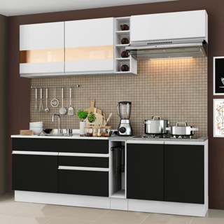 Cozinha Completa Madesa Parma com Armário e Balcão (Sem tampo e Pia) - Branco/Preto/Branco