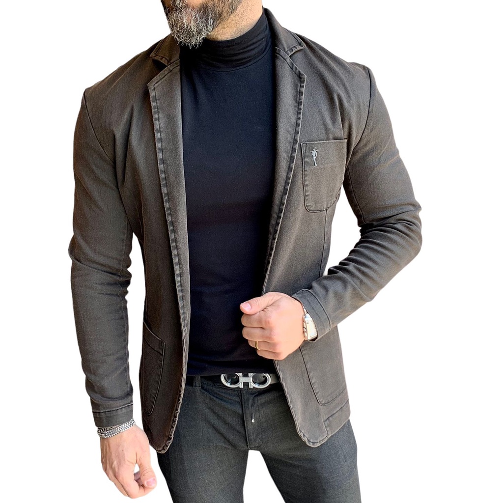 Blazer slim fit resinado zip off preto