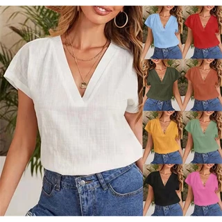 Blusas De Linho De Algodão Cor Sólida Para Verão Folgada Manga Curta Sexy Casual Camisa Feminina Larga