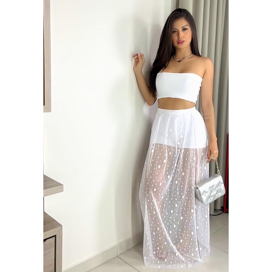 Saia longa branca de renda 2024 com cropped