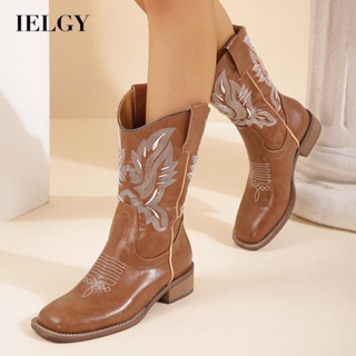 IELGY Botas Femininas De Salto Grosso Ocidental v Boca Bordada Bota De cowboy