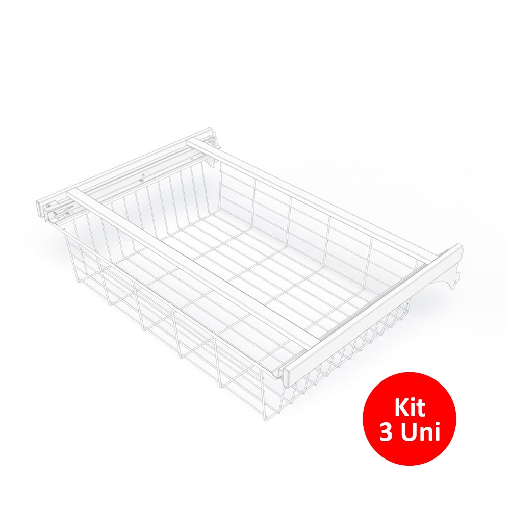 3 Cesto Deslizante P/ Closet 60cm Encaixe Trilho Cremalheira