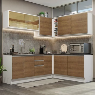 Cozinha Completa de Canto 100% MDF Madesa Acordes 389002 com Armário e Balcão - Branco/Rustic em Oferta na Shopee