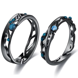 Moda Azul Zircon Hollow Out Black 925 Sterling Silver Couple Ring Design Criativo Anéis De Abertura Ajustáveis Amantes