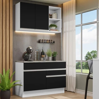 Armário de Cozinha Compacta 120cm Branco/Preto Glamy Madesa 08 em Oferta na Shopee