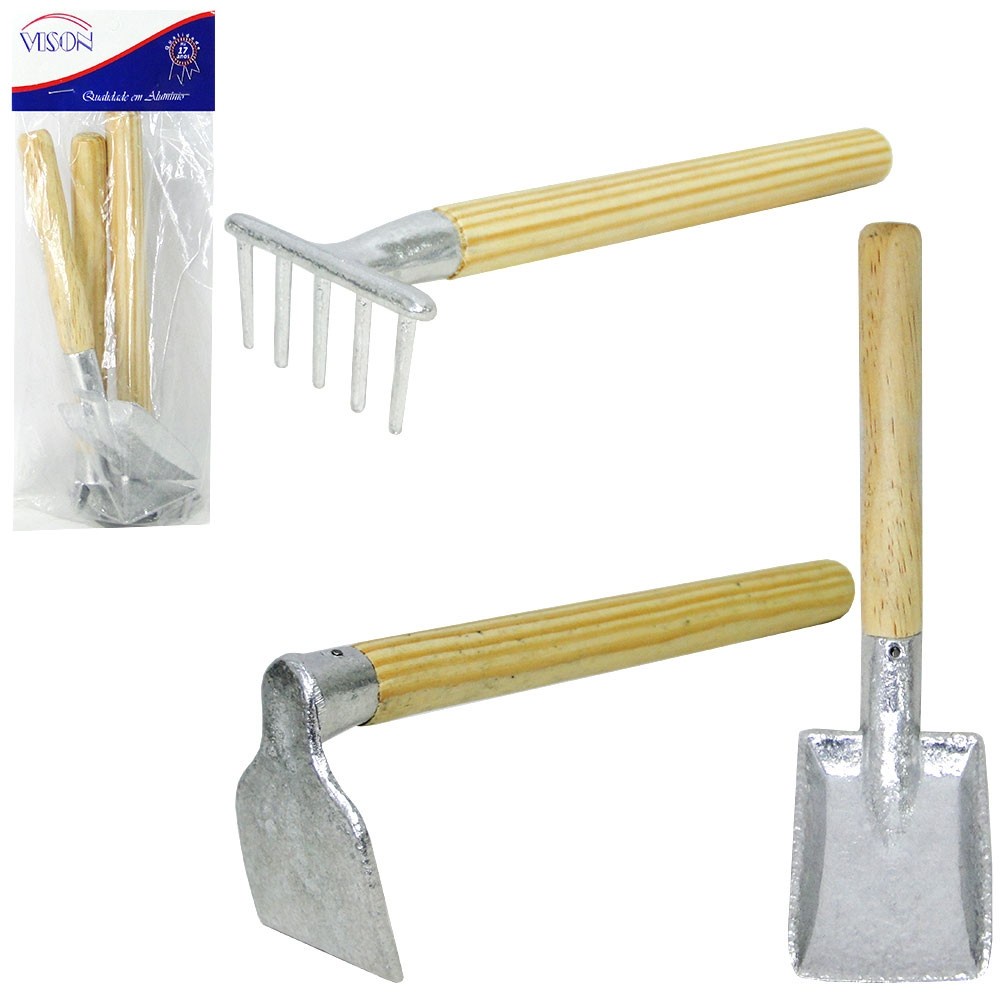 Kit para Jardinagem Mini Pá Rastelo Enxada 3 Peças Conjunto