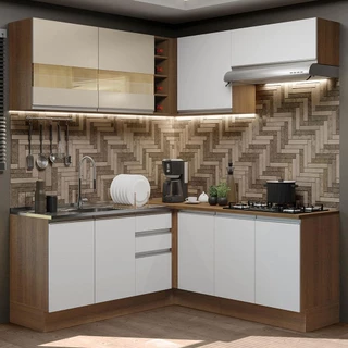 Cozinha Completa de Canto Madesa Glamy 349001 com Armário e Balcão (Sem Tampo) - Rustic/Branco/Crema em Oferta na Shopee