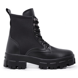 Bota Cortuno Feminina Preta Tratorada Cano Curto Of White Blogueira Confortável Falcucci