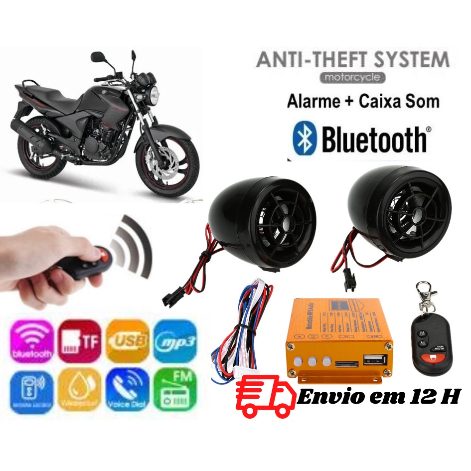 Caixa De Som para Moto Bluetooth Mp3 Fm Rádio SD Usb e Alarme com Controle Remoto