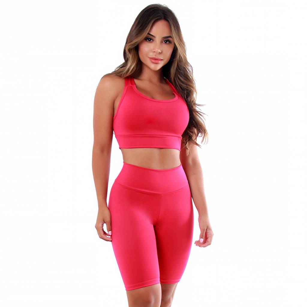 1 Conjunto Fitness Feminino Top + Bermuda Ciclista Roupas De