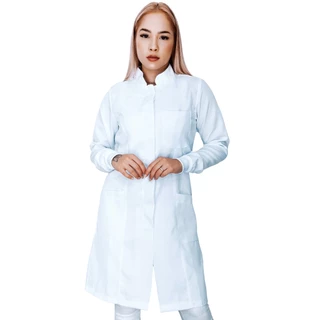Jaleco Feminino Oxford Branco, Botão Embutido, Gola Padre, Com Punho, Acinturado, Manga Longa