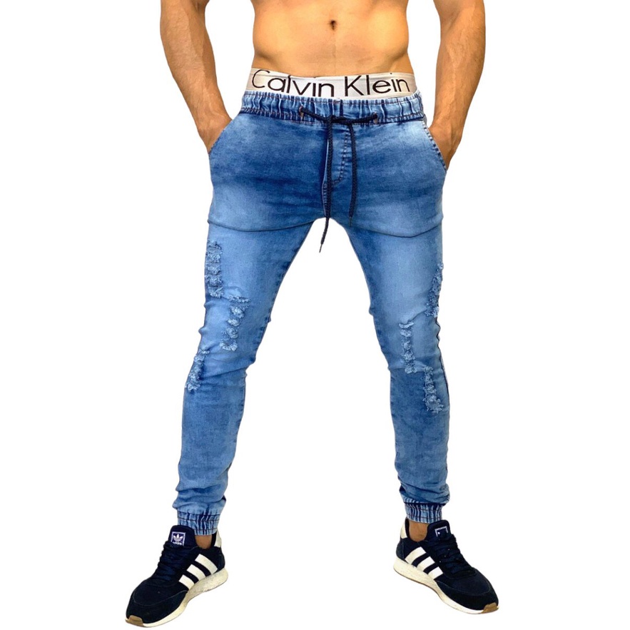 Calça Masculina Jeans Azul Médio Rasgado Jogger Barata Oferta Shopee