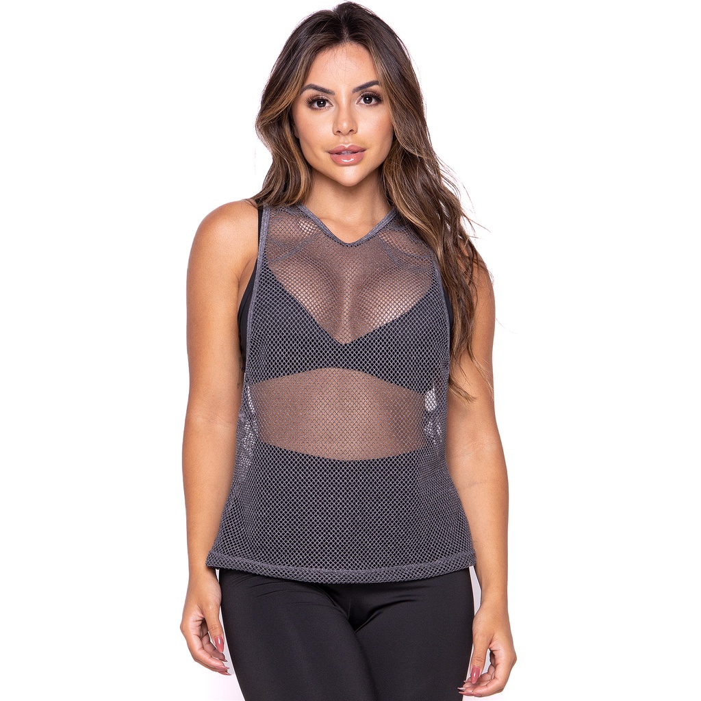 Regata Feminina Telinha Moda Fitness Blusa Tulle Academia Transparente  Treino Tecido Leve Esportes 246