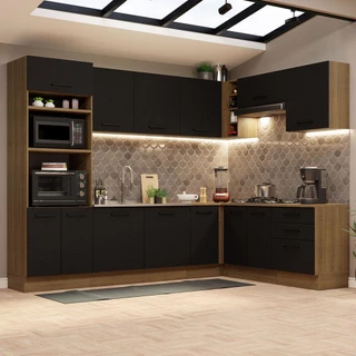 Cozinha Completa de Canto Madesa Agata 479001 com Armário e Balcão (Sem Tampo e Pia) - Rustic/Preto em Oferta na Shopee