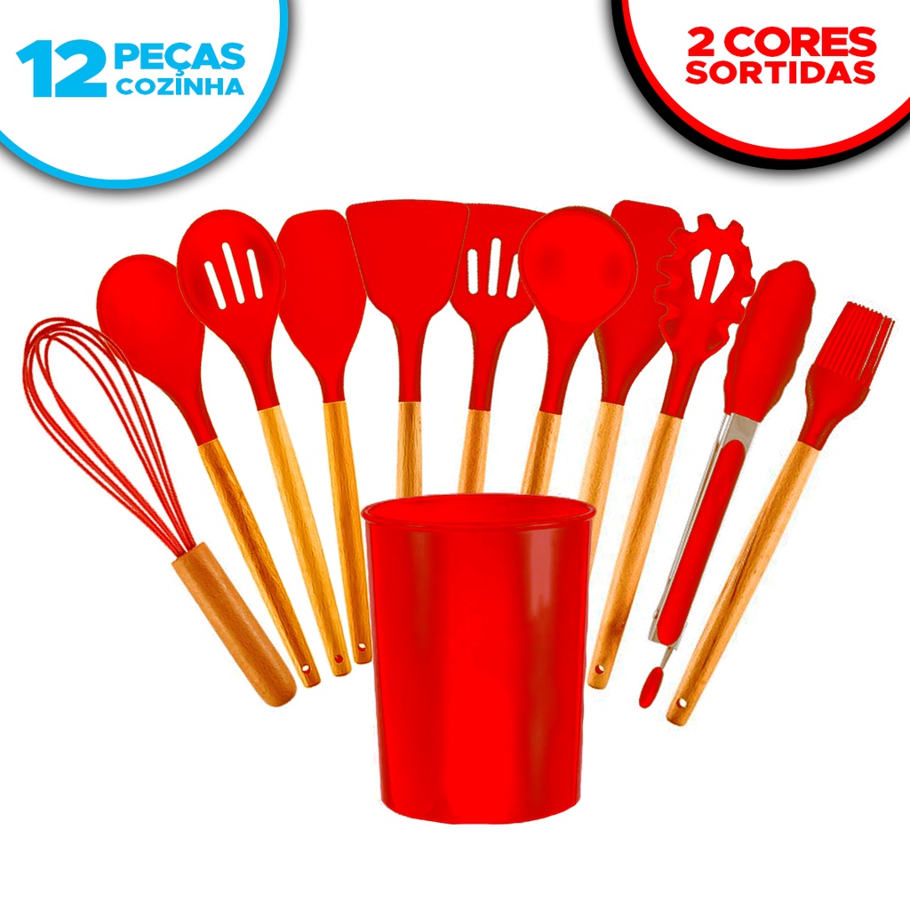 Jogo Kit Colheres De Silicone Cabo De Madeira 12 Peças Cozinha Preto Ou Vermelho Shopee Brasil 4377