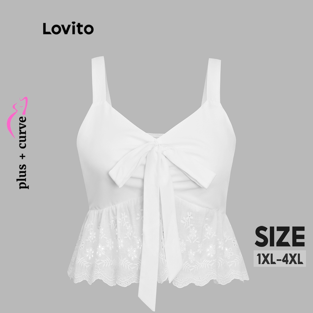 Lovito Plus Size Boho Liso Laço Frontal Feminino Cami Top LPS06042 (Branco)