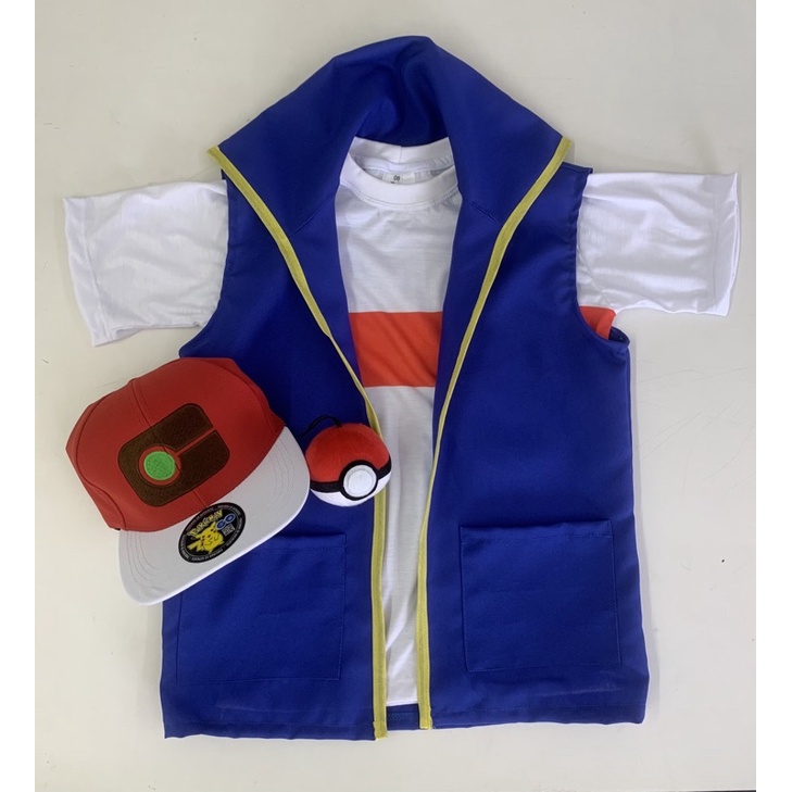 Pokémon Ash Ketchum fantasia de cosplay masculina, jaqueta azul