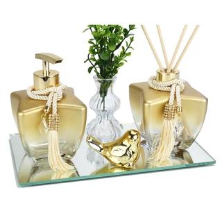 Kit Vidros Degrade Rose 280ml Para Difusor C/ Bandeja Decoração + Passarinho Porcelana