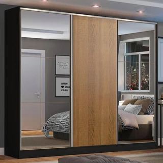 Guarda Roupa Casal 100% MDF Madesa Zurique 3 Portas de Correr com Espelhos - Preto/Rustic em Oferta na Shopee