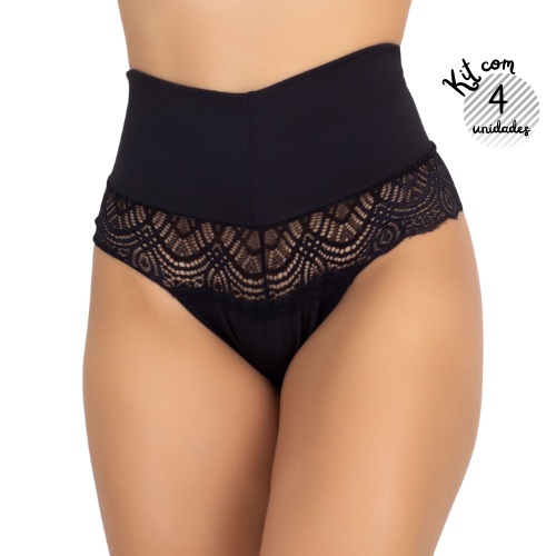 KIT 4 Calcinha Tanga Cinta Feminina MicroFibra Com Renda e Forro 100% Algodão Segura Barriga e Deixa a Cintura Mais fina atacado CINTA RENDA REF.:009