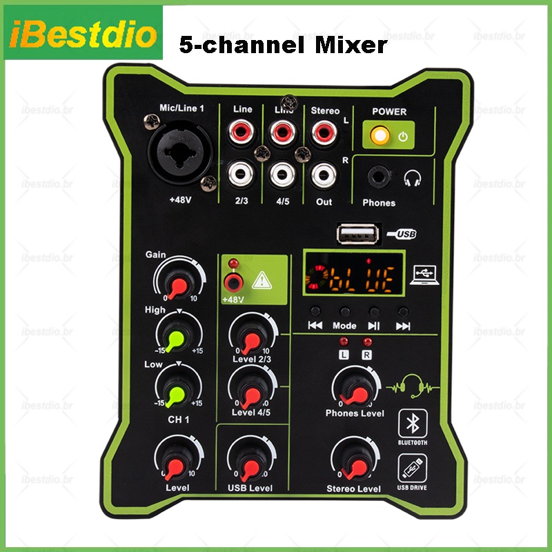 Mini Misturador De Áudio De 5 Canais USB Console De Mistura Bluetooth Com Efeito De Reverb/Saída Do Monitor/Gravação De Computador