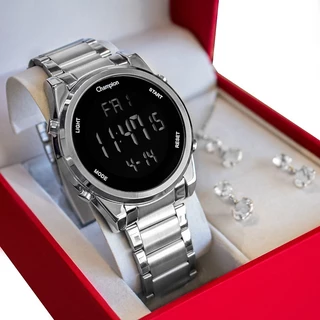 Relógio Champion Feminino Digital Prata A Prova D’Água Original Presente Moda Gift Aniversário Tendência Estilo Mulher Esposa Namorada Mãe Barato Colar e Brincos CH40071T