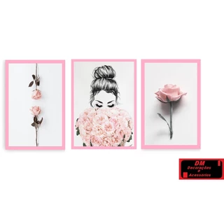 Quadros Decorativos Flores Rosas Mulher Luxo Rose 3 Peças 60x120 cm