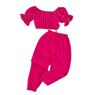 Conjunto Infantil Menina Viscolinho Blogueirinha Blusa Cropped e Calça Tecido Macio Elegante moda LUxo