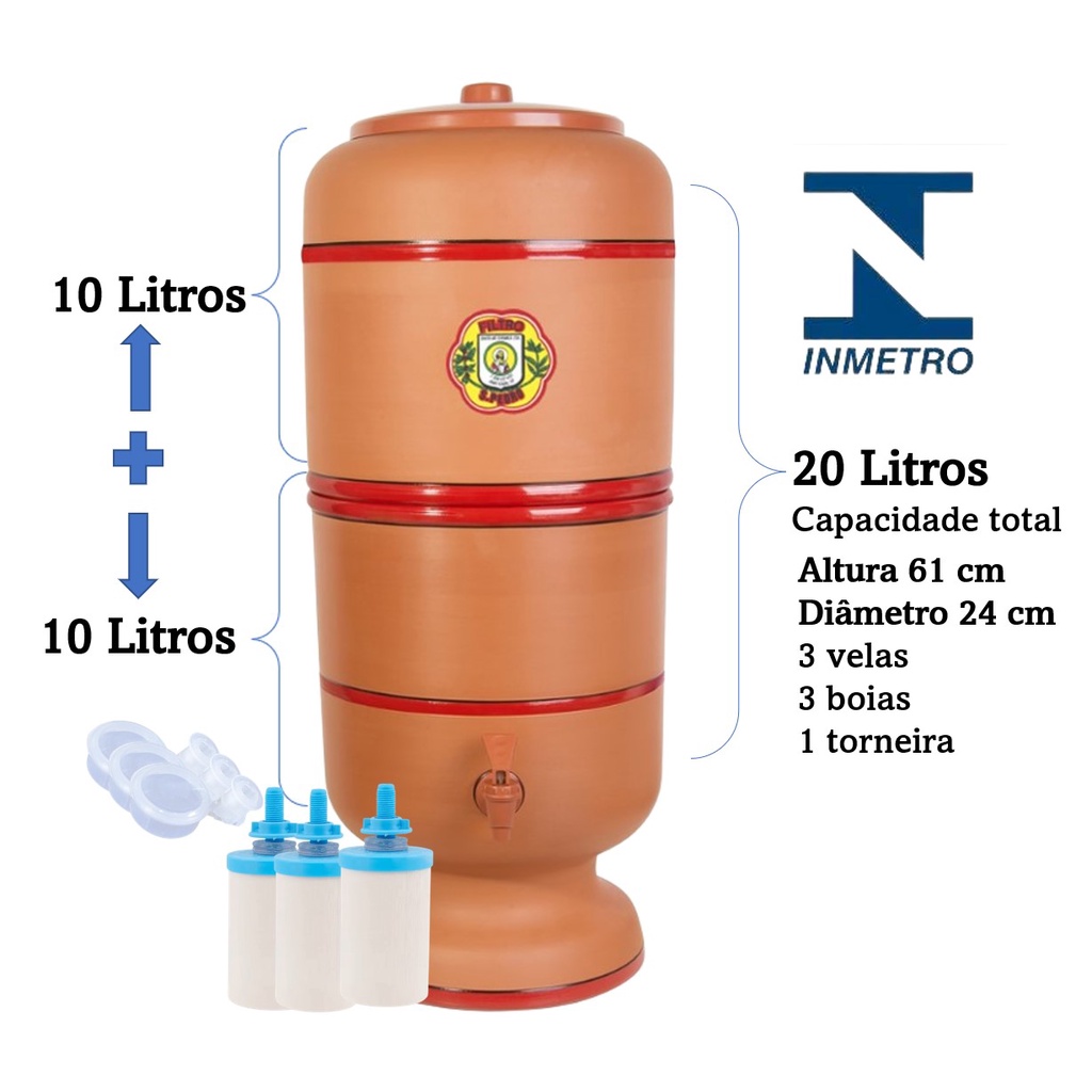 Filtro de Barro São Pedro 10 litros Capacidade TOTAL 20 litros com 3 velas GRÁTIS 3 boias