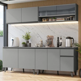 Armário de Cozinha Completa 240cm Cinza Nice Madesa 03 em Oferta na Shopee