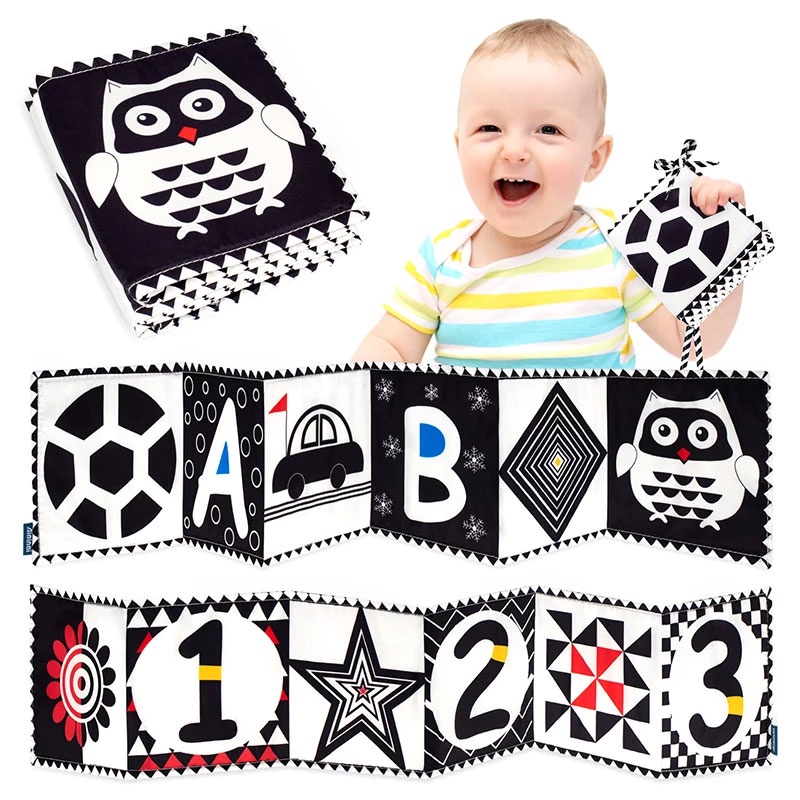 Brinquedos de bebê preto e branco 0-3 meses, livro de bebê de alto