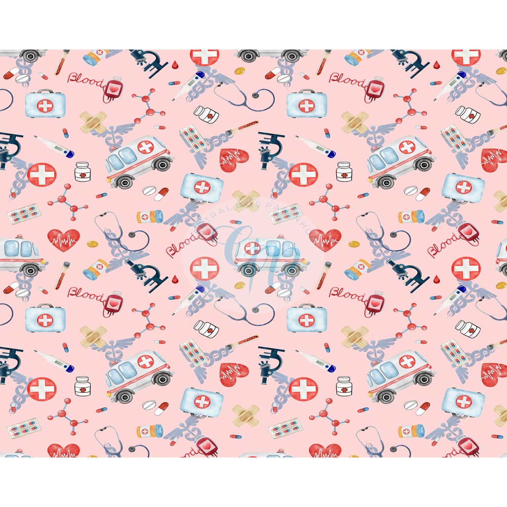 Tecido tricoline, microfibra ou gabardine - Medicina aquarela - Fundo salmão - 0.50CM