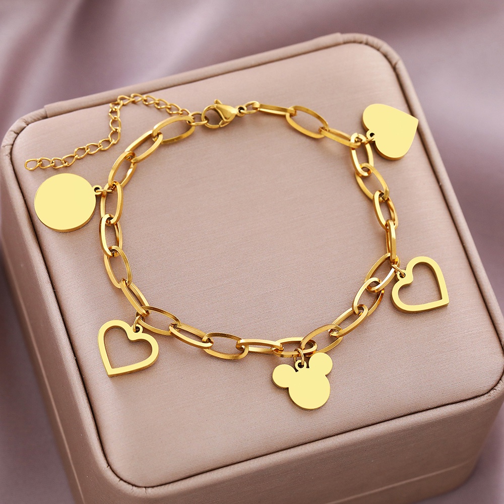 Pulseiras De Aço Inoxidável Desenho Animado Mouse Pingentes De Coração Doce Encanta Corrente Pulseira De Moda Para Mulheres Jóias Adolescentes Presentes Festas
