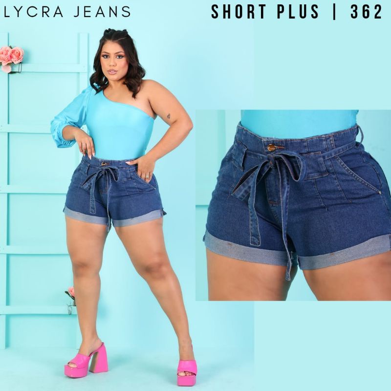 short plus size jeans com faixa