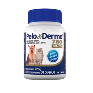 Pelo E Derme 750 - 30 Capsulas Vetnil Omega 3 E 6 dermatite crescimento dos pelos cachorro e gato